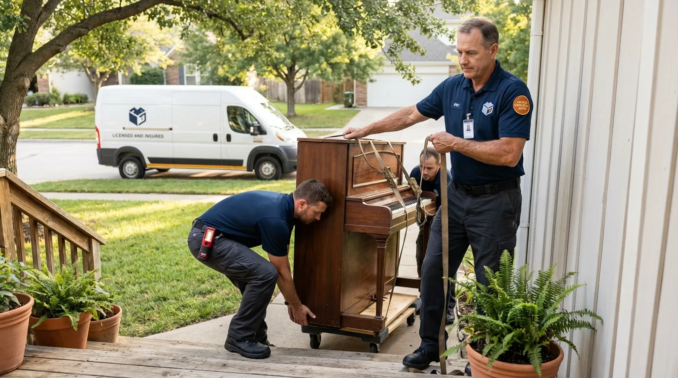 Licensed piano movers securing grand piano in Evansdale, IA