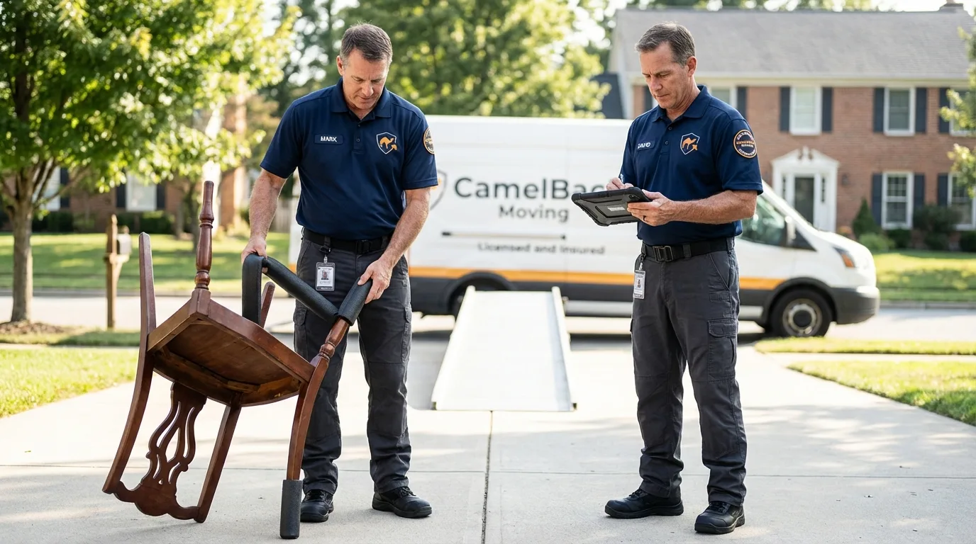 Movers inspecting furniture for damage prevention before loading in Evansdale, IA