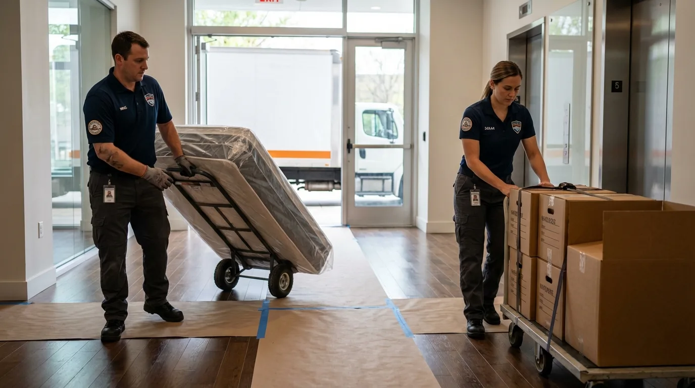 Professional apartment movers loading elevator in Evansdale, IA
