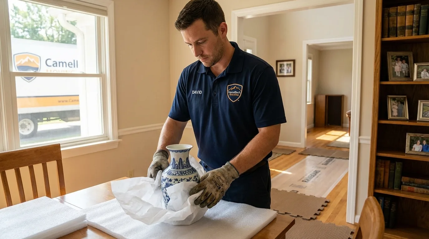 Professional crew carefully wrapping antique vase for senior downsizing move in Evansdale, IA