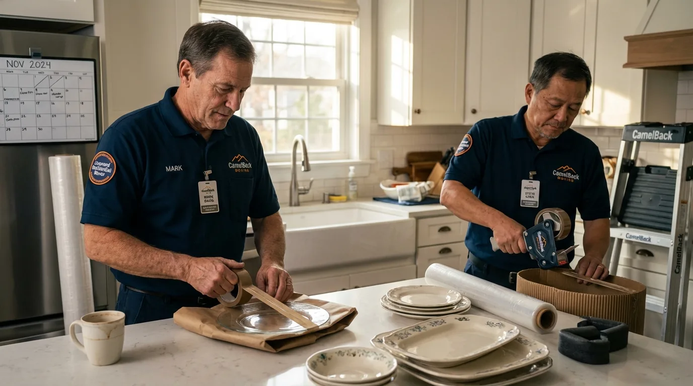 Professional crew packing kitchen dishware in Evansdale, IA